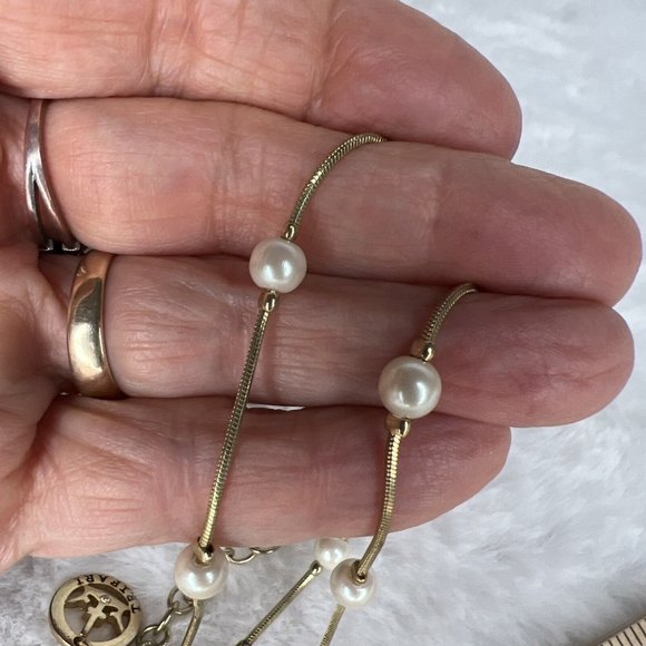 Vintage Trifari Chain W/Bead Necklace Gold Tone White Beads - Picture 7 of 8
